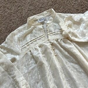 Character Vintage Floral Jacquard Nightgown Ivory Lace‎ Trim Long Sleeve L/XL